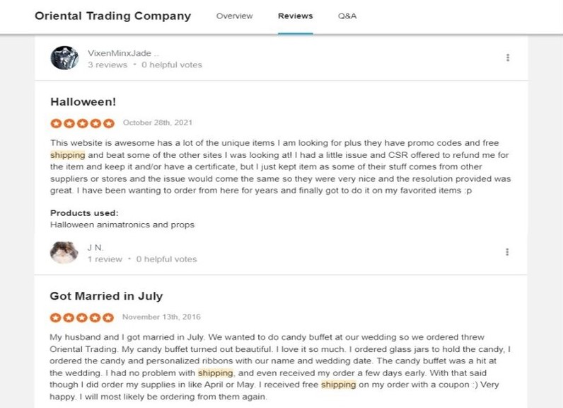 Oriental Trading shipping reviews